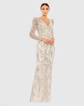 Beige Embellished Puff Sleeve V Neck Gown